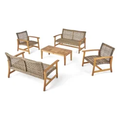 Christopher Knight Home Hampton Outdoor Acacia Wood And Wicker 6 Seater Chat Set