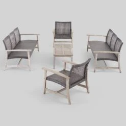 Hampton 5pc Wood & Wicker Sofa Chat Set - Light Gray/Black - Christopher Knight Home