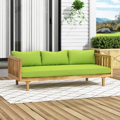 Claremont Outdoor 3 Seater Acacia Wood Daybed With Cushions Teak/Green - Christopher Knight Home: UV-Resistant, Water-Repellent Patio Sofa 2 Claremont Outdoor 3 Seater Acacia Wood Daybed With Cushions Teak/Green - Christopher Knight Home: UV-Resistant, Water-Repellent Patio Sofa - Image 2
