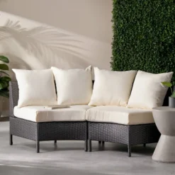 Christopher Knight Home 2pc Newton Wicker Outdoor Patio Curved Loveseat Sectional With Cushions Gray/White