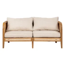Christopher Knight Home Maciej 56" Patio Rustic Acacia Wood Upholstered Sofa With Rattan-Wrapped Frame