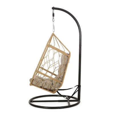 Allegra Outdoor Wicker Hanging Chair With Stand - Light Brown/Tan - Christopher Knight Home 1 Allegra Outdoor Wicker Hanging Chair With Stand - Light Brown/Tan - Christopher Knight Home