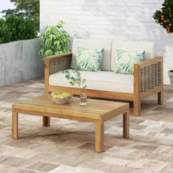 Christopher Knight Home 2pc Linwood Acacia Wood And Wicker Teak Outdoor Loveseat And Coffee Table Set With Cushions Mixed Brown