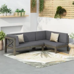 Christopher Knight Home Brava Outdoor Acacia Wood Sectional Sofa With Cushion Gray
