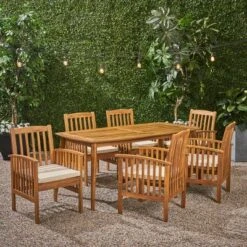 Christopher Knight Home Lepage Outdoor Acacia Wood 7 Piece Dining Set With Water Resistant Cushion