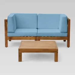 Brava 3pc Acacia Modular Loveseat And Table Set - Teak/Blue - Christopher Knight Home