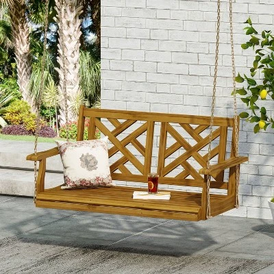 Alejandro Outdoor Acacia Wood Hanging Porch Swing Teak - Christopher Knight Home: 2-Person Garden Swing, Rustic Style 2 Alejandro Outdoor Acacia Wood Hanging Porch Swing Teak - Christopher Knight Home: 2-Person Garden Swing, Rustic Style - Image 2