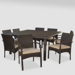 Chadney 9pc Wicker Dining Set - Brown/Cream - Christopher Knight Home