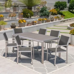Christopher Knight Home Cape Coral Outdoor Aluminum And Wicker 7 Piece Dining Set, Gray And Silver
