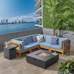 Christopher Knight Home Culatra Outdoor Acacia Wood 5 Seater Sectional Sofa Set With 50,000 BTU Iron Fire Pit -FurniVerse Store GUEST 287ddc45 0203 43b3 9f92 49d2bec455fd