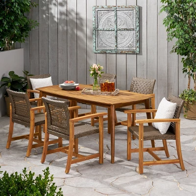 Christopher Knight Home Botsford Outdoor Acacia Wood And Wicker 7 Piece Dining Set, Teak/Mixed Mocha 11 Christopher Knight Home Botsford Outdoor Acacia Wood And Wicker 7 Piece Dining Set, Teak/Mixed Mocha - Image 11