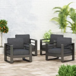 Christopher Knight Home Aria Outdoor Aluminum Club Chair With Cushions (Set Of 4), Black/Dark Gray