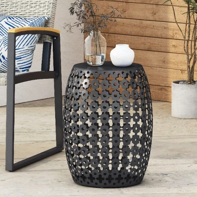 Modern Iron Patio Side Table With Cross-Cut Design, Powder-Coated Frame, Barrel Outdoor End Table, Patio End Tables -Christopher Knight Home 1 Modern Iron Patio Side Table With Cross-Cut Design, Powder-Coated Frame, Barrel Outdoor End Table, Patio End Tables -Christopher Knight Home