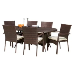 McNeil 7pc Wicker Dining Set With Cushions: Weather-Resistant, Oval Table, Polyester - Christopher Knight Home