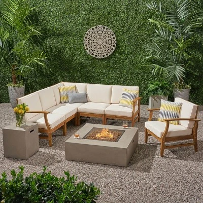 Christopher Knight Home Illona Outdoor Acacia Wood 6 Seater Sectional Sofa And Club Chair Set With Fire Pit 12 Christopher Knight Home Illona Outdoor Acacia Wood 6 Seater Sectional Sofa And Club Chair Set With Fire Pit - Image 12