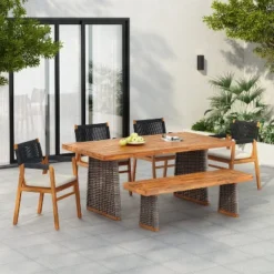 Christopher Knight Home Amara Rustic 6 Piece Outdoor Acacia Wood Dining Set With Rattan Slatted Table And Cushions -FurniVerse Store GUEST 2b8a9da8 79cb 46c9 8b0f 2dfcd2ca1a1e