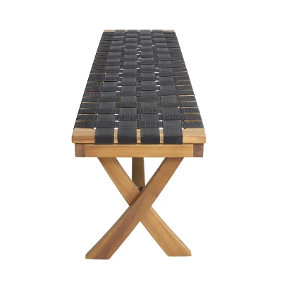 Mallett Outdoor Acacia Wood Bench With Rope Seating - Black/Teak - Christopher Knight Home: UV & Water-Resistant, 3-Person Capacity 2 Mallett Outdoor Acacia Wood Bench With Rope Seating - Black/Teak - Christopher Knight Home: UV & Water-Resistant, 3-Person Capacity - Image 2