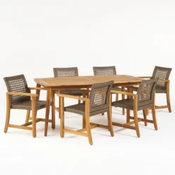 Christopher Knight Home Botsford Outdoor Acacia Wood And Wicker 7 Piece Dining Set, Teak/Mixed Mocha