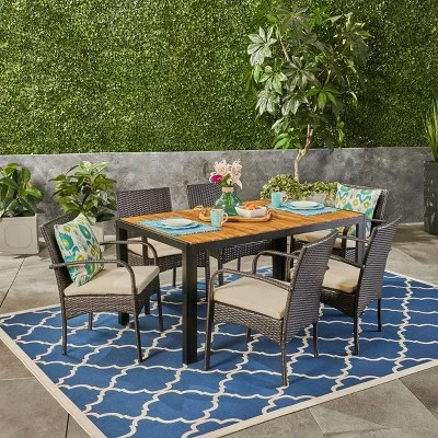 Christopher Knight Home Sere Outdoor Acacia Wood And Wicker 7 Piece Dining Set With Cushion, Brown/Cream 10 Christopher Knight Home Sere Outdoor Acacia Wood And Wicker 7 Piece Dining Set With Cushion, Brown/Cream - Image 10