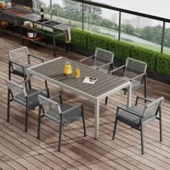 Christopher Knight Home Brooks 7 Pcs Outdoor Aluminum And Wood Dining Set With Woven Rope, Gray/Black/Silver