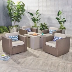 Christopher Knight Home Puerta Outdoor Wicker 5 Piece Swivel Club Chair And Fire Pit Set With Cushions