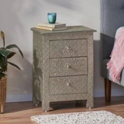 Deschutes Handcrafted Boho 3 Drawer Nightstand Silver - Christopher Knight Home