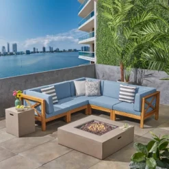 Christopher Knight Home Brava Outdoor Acacia Wood 5 Seater Sectional Sofa Set With Fire Pit -FurniVerse Store GUEST 3d630286 9163 482b bc2b a341a29164f3