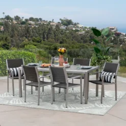 Christopher Knight Home Cape Coral Outdoor Aluminum And Wicker 7 Piece Dining Set, Gray And Silver -FurniVerse Store GUEST 3d823e0e 8099 4e54 b752 776c4ffd22e7