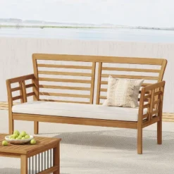 Christopher Knight Home Caydon Outdoor Acacia Wood Loveseat With Cushions, Brown/Cream