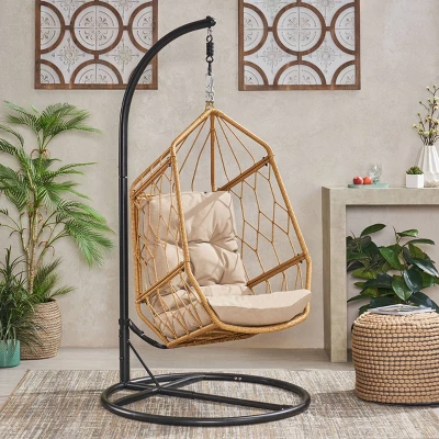Allegra Outdoor Wicker Hanging Chair With Stand - Light Brown/Tan - Christopher Knight Home 2 Allegra Outdoor Wicker Hanging Chair With Stand - Light Brown/Tan - Christopher Knight Home - Image 2