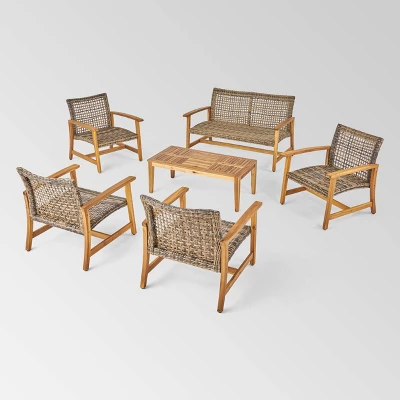 Hampton 6pc Wood & Wicker Chat Set - Natural/Gray - Christopher Knight Home 1 Hampton 6pc Wood & Wicker Chat Set - Natural/Gray - Christopher Knight Home