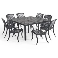 Christopher Knight Home Cayman Outdoor 9 Piece Traditional Cast Aluminum Mesh Dining Set With 61.25" Round Woven Table