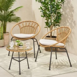 Christopher Knight Home Banya Outdoor Wicker And Iron 3 Piece Chat Set With Tempered Glass Table, Light Brown/Beige -FurniVerse Store GUEST 485860cc e234 4f88 92c9 948c664f7752
