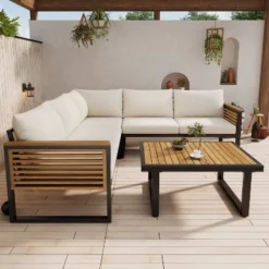 Christopher Knight Home Faye 4 Piece Outdoor Acacia Wood And Metal Seating Set With Water-Resistant Cushion