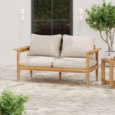Christopher Knight Home Kara 61" Outdoor Acacia Wood Loveseat With Water-Resistant Cushions And Slat Open Back 9 Christopher Knight Home Kara 61" Outdoor Acacia Wood Loveseat With Water-Resistant Cushions And Slat Open Back - Image 9