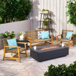 Christopher Knight Home Augusta Outdoor Acacia Wood And Wicker 4 Seater Chat Set With Fire Pit -FurniVerse Store GUEST 4fca7684 e925 4ebe 801b 80dc4767f750