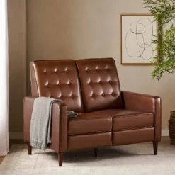 Christopher Knight Home Denison Faux Leather Tufted Loveseat Pushback Recliner Cognac Brown/Dark Espresso