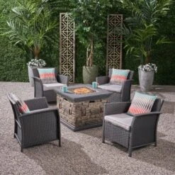 Christopher Knight Home Ellyanna Outdoor Wicker 5 Piece Club Chair And Fire Pit Set With Cushion