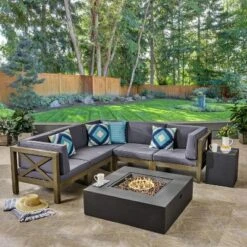 Christopher Knight Home Brava Outdoor Acacia Wood 5 Seater Sectional Sofa Set With Fire Pit -FurniVerse Store GUEST 5f064711 0eab 4e0a 9a5b 4c47c6c9c032