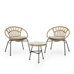 Christopher Knight Home Banya Outdoor Wicker And Iron 3 Piece Chat Set With Tempered Glass Table, Light Brown/Beige