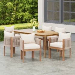 Christopher Knight Home Chase 7 Piece Outdoor Rope Weave Acacia Wood Dining Set With Cushions -FurniVerse Store GUEST 6a883b12 24c1 49c8 ab8a 45efe118297a