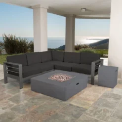 Christopher Knight Home Cape Coral Outdoor Aluminum 5 Seater Sectional Sofa Chat Set With 50000 BTU Fire Pit