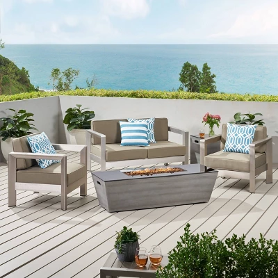 Amata 5pc Aluminum Chat Set With Fire Pit And Tank Holder - Silver/Khaki/Dark Gray - Christopher Knight Home 1 Amata 5pc Aluminum Chat Set With Fire Pit And Tank Holder - Silver/Khaki/Dark Gray - Christopher Knight Home