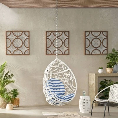 Los Alamitos Indoor/Outdoor Wicker Hanging Chair With 8' Chain - White/Blue - Christopher Knight Home 1 Los Alamitos Indoor/Outdoor Wicker Hanging Chair With 8' Chain - White/Blue - Christopher Knight Home