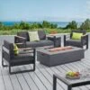 Christopher Knight Home Giovanna Outdoor Aluminum 4-Seater Chat Set With Lightweight Concrete Fire Pit, Black/Dark Gray