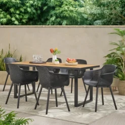 Christopher Knight Home Lotus Outdoor Acacia Wood And Resin 7 Piece Dining Set, Black/Teak