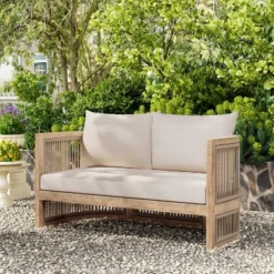 Christopher Knight Home Bonita 54" Outdoor Acacia Wood Upholstered Loveseat With Curved Rope Weave Back