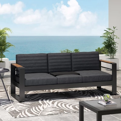 Christopher Knight Home Outdoor Aluminum 3 Seater Sofa With Water Resistant Cushions, Black Natural/Dark Gray 8 Christopher Knight Home Outdoor Aluminum 3 Seater Sofa With Water Resistant Cushions, Black Natural/Dark Gray - Image 8