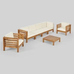 Oana 7pc Acacia Wood Sofa & Coffee Table Chat Set Teak/Beige - Christopher Knight Home