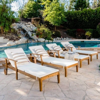 Christopher Knight Home Perla Outdoor Acacia Wood Armless Adjustable Chaise Lounge With Cushion (Set Of 4) 10 Christopher Knight Home Perla Outdoor Acacia Wood Armless Adjustable Chaise Lounge With Cushion (Set Of 4) - Image 10